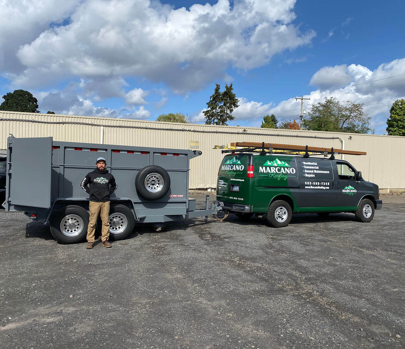 Marcano Roofing owner with trailer and truck